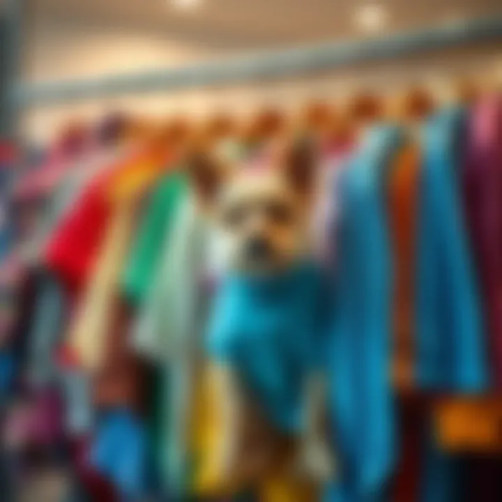 An array of colorful pet clothing displayed on hangers