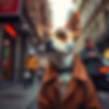 A fashionable dog wearing a stylish coat in a city setting