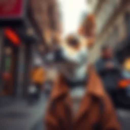 A fashionable dog wearing a stylish coat in a city setting