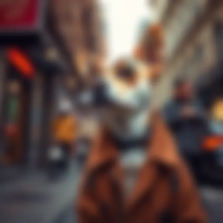 A fashionable dog wearing a stylish coat in a city setting