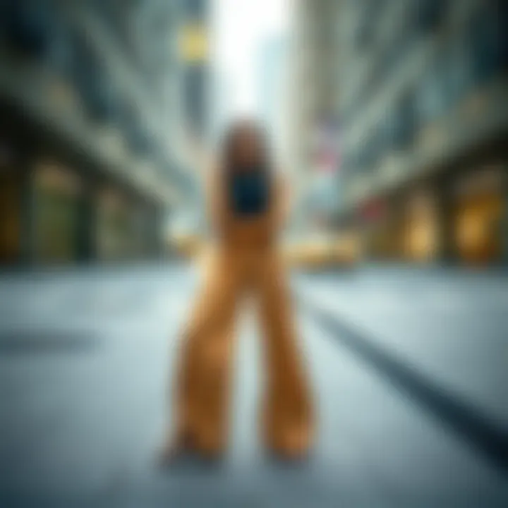 Contemporary styling of split wide leg pants in an urban setting