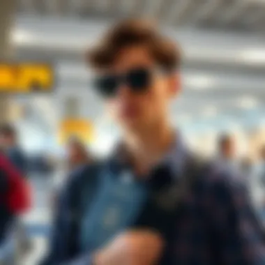 Functional Travel Accessory in Use Traveler using over the neck passport holder at an airport