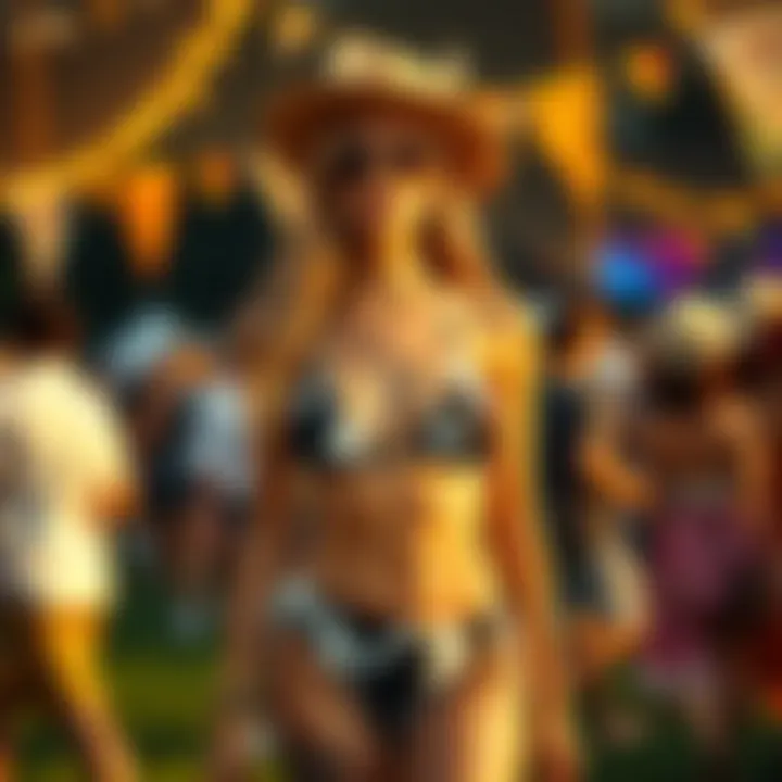 A fashion-forward individual wearing a cow bikini at a summer festival