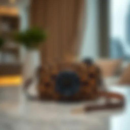 Stylish leopard camera bag displayed elegantly on a marble surface