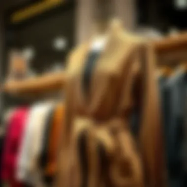 Elegant long belted cardigan sweater draped on a stylish mannequin