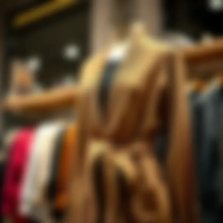 Elegant long belted cardigan sweater draped on a stylish mannequin