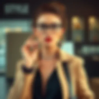 Stylish woman accessorizing with a monocle in an artistic setting