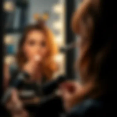 Applying Makeup with Mini Brush Person applying makeup using a mini brush in a mirror