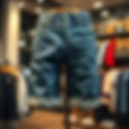 A stylish pair of cuffed jean shorts displayed on a mannequin