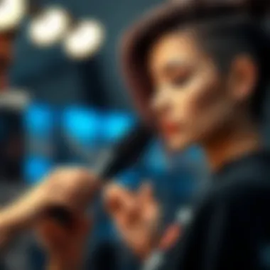 A stylist demonstrating the use of a haircutting brush on a model