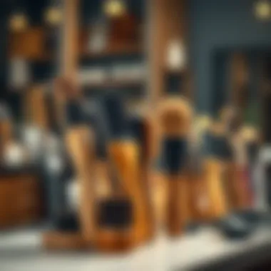 Various types of haircutting brushes displayed on a salon counter