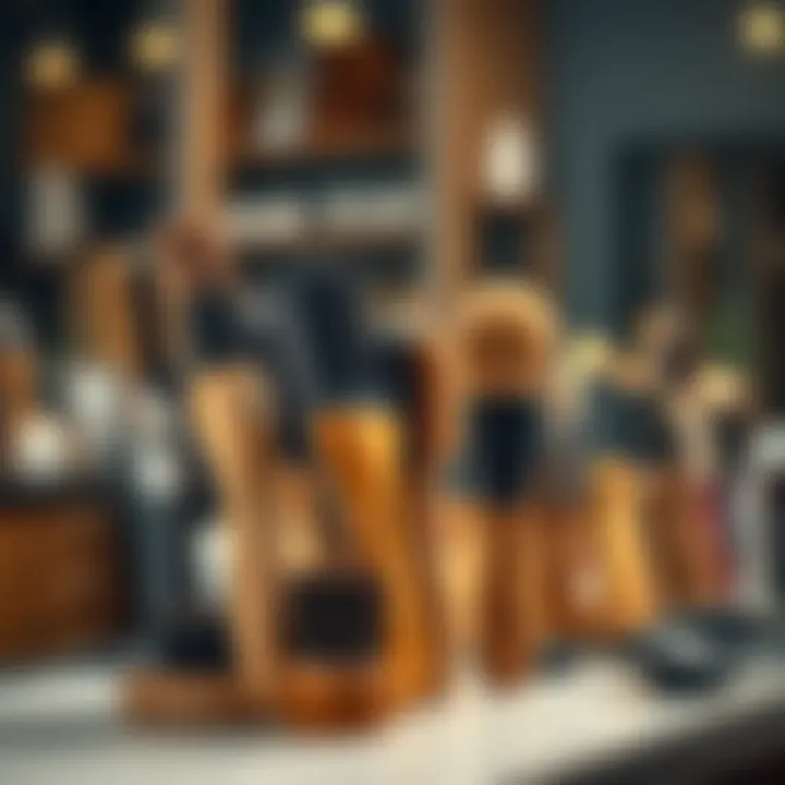 Various types of haircutting brushes displayed on a salon counter