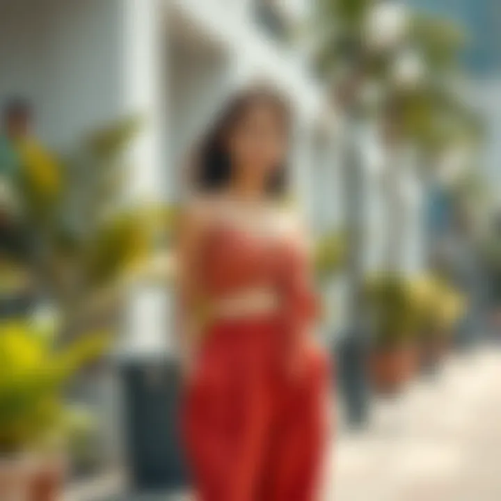 A stylish ensemble featuring a self tie crop top paired with high-waisted pants in an outdoor setting.