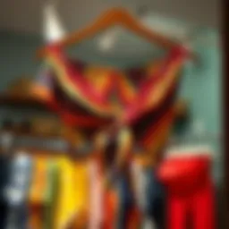 A vibrant self tie crop top displayed on a hanger showcasing its unique fabric and design.