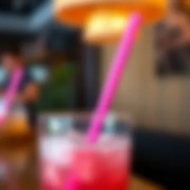 Chic Beverage Featuring Pink Straw Close-up of a pink reusable straw in a chic beverage