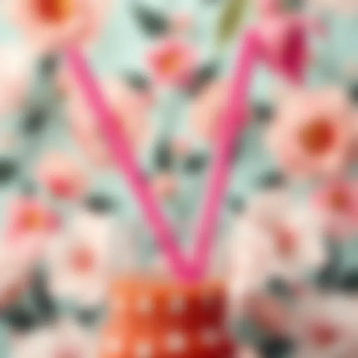 Trendy Floral Design with Pink Straw Stylish pink reusable straw with a floral background