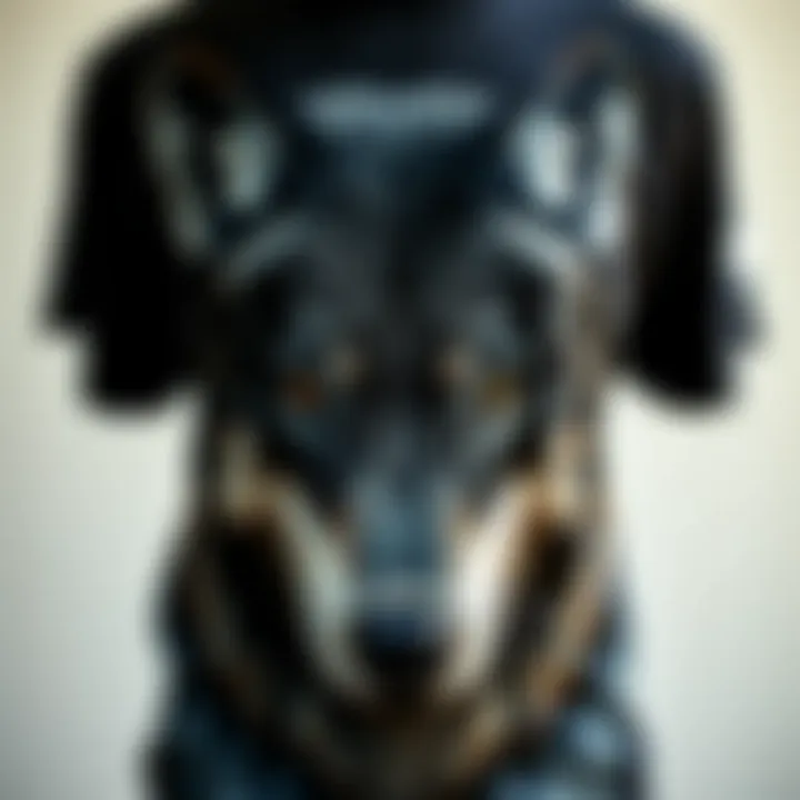 Close-up of fabric texture and design of wolf t-shirt