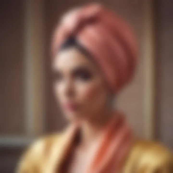 A modern fashionista wearing a silk lined turban in a chic setting