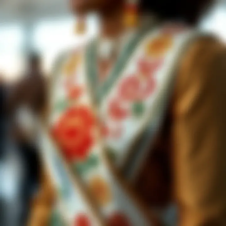 Cultural Narratives Embodied in Sash Design A beautifully crafted sash with cultural motifs