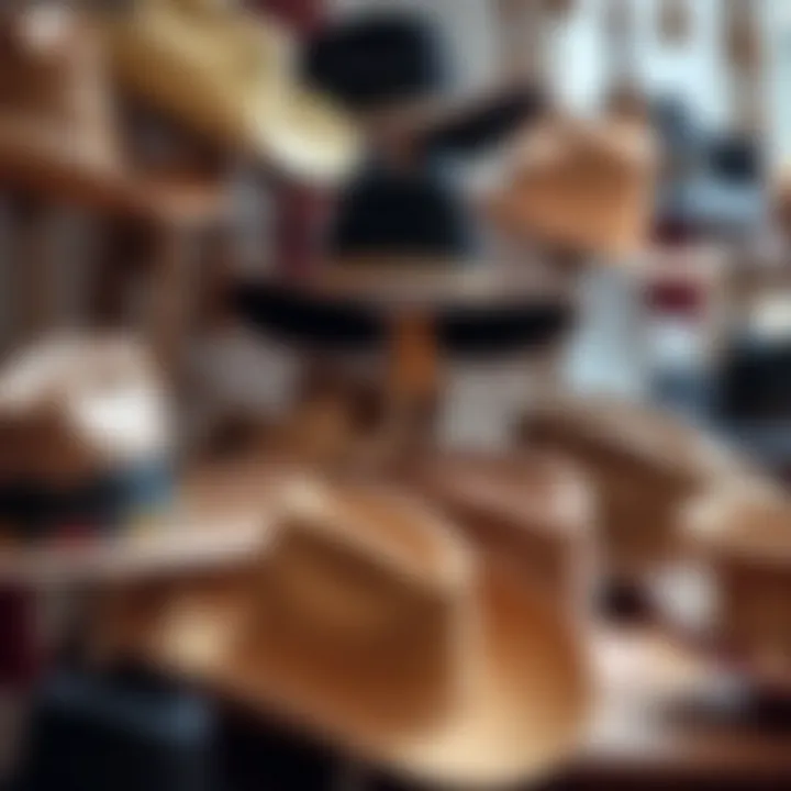 A collection of different styles of tassel cowboy hats on display.