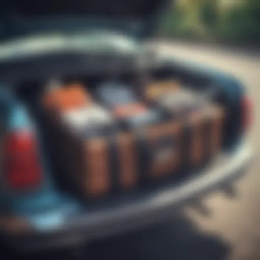 Stylish tote bags arranged neatly in a car trunk