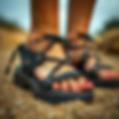 Close-up of intricate design features of chunky sandals