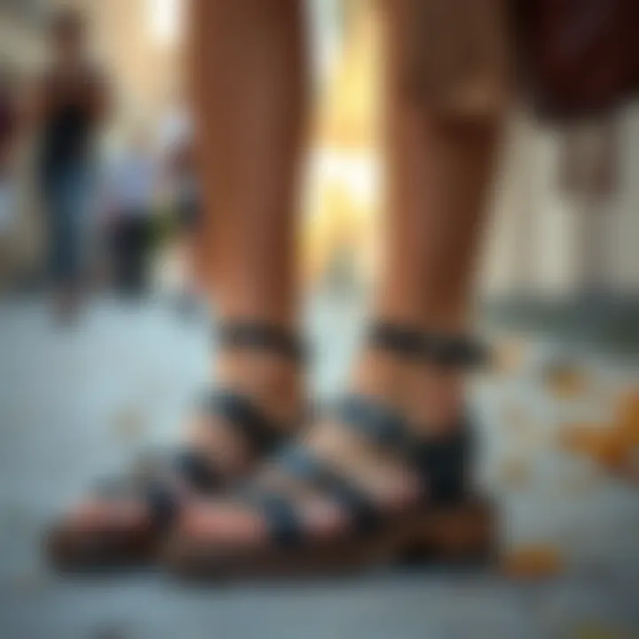 Trendy outfit styled with black strappy chunky sandals