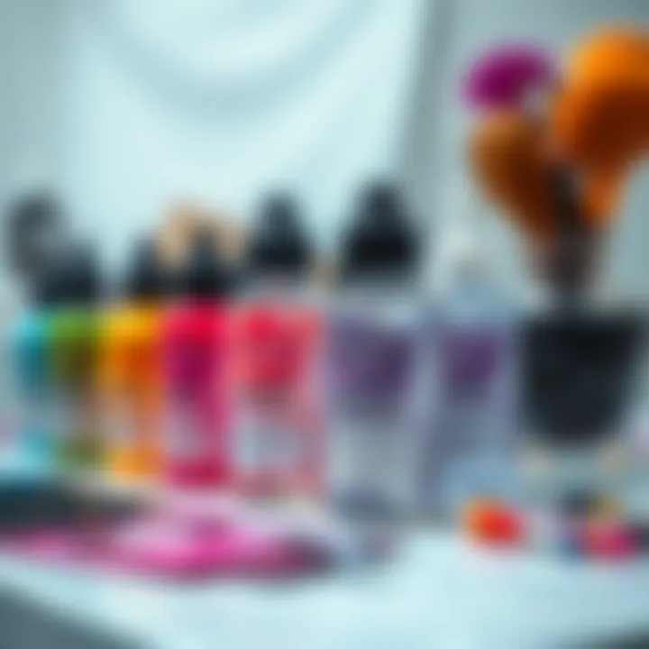 A creative setup featuring hair dye applicator bottles alongside vibrant hair color samples