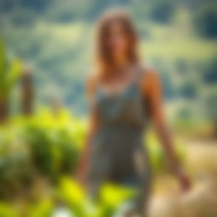 A model showcasing an eco-friendly tank dress coverup in a natural setting