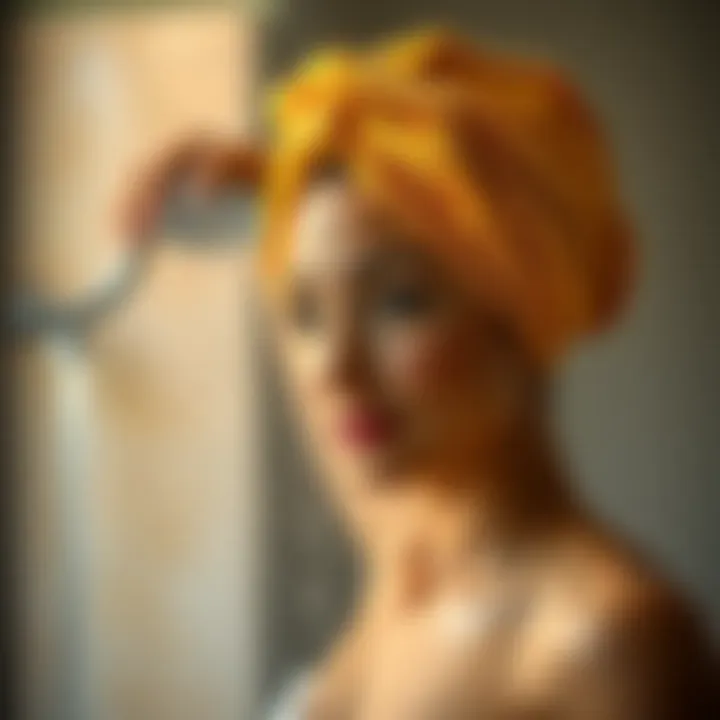 Woman using a turban towel after a shower, emphasizing practicality