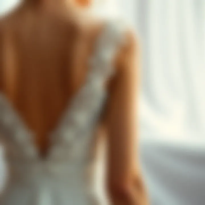 Close-up of intricate detailing on a white dress with v back