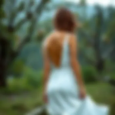 A serene outdoor setting showcasing a model in a v back white dress