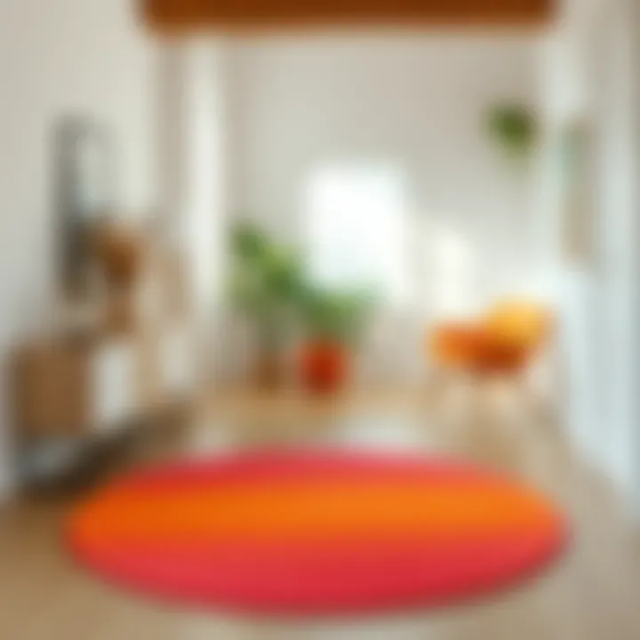 A vibrant circular floor mat providing color contrast in a minimalist space