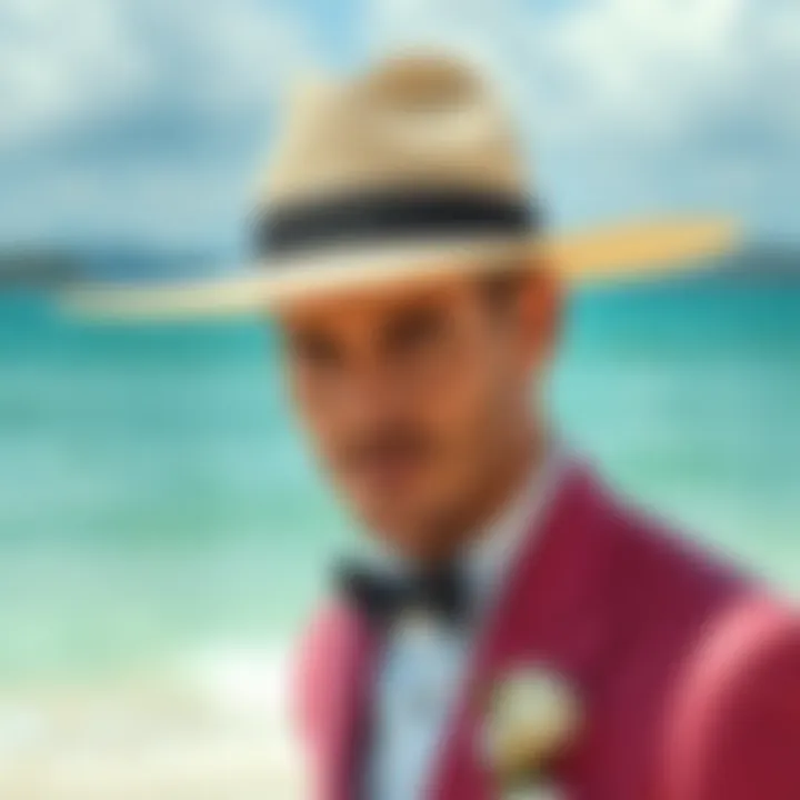 Groom wearing a wide-brimmed hat at a beach wedding