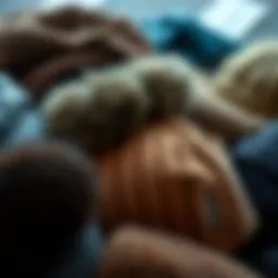 Close up of various windproof winter hats showcasing different materials and textures