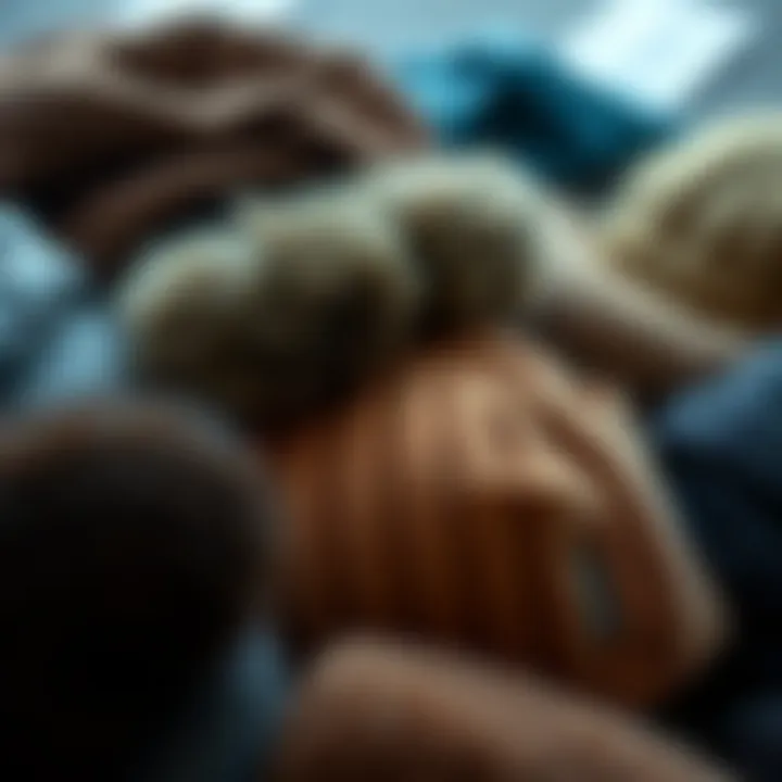 Close up of various windproof winter hats showcasing different materials and textures