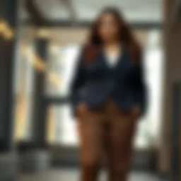 Elegant plus-size work attire featuring a tailored blazer and trousers.